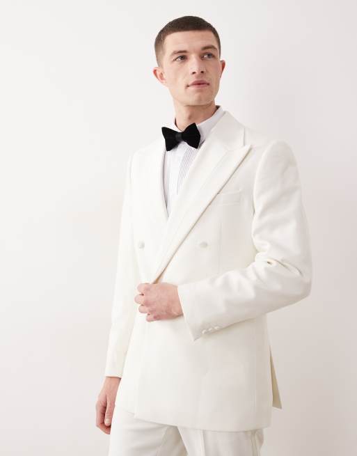 ASOS DESIGN - Giacca da smoking slim doppiopetto avorio con dettagli in raso