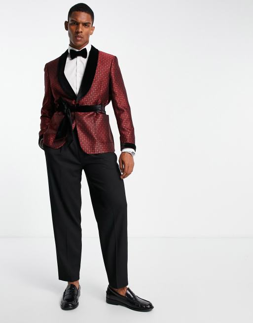 ASOS DESIGN - Giacca da smoking slim in raso rosso con stampa geometrica e rever in velluto, 4 di 4