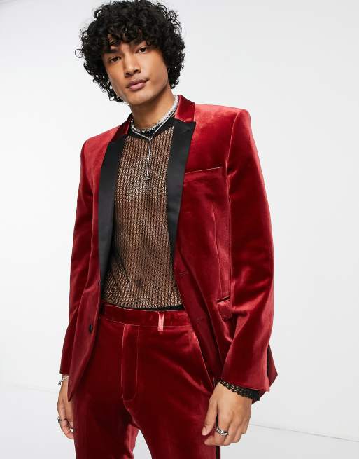 ASOS DESIGN - Giacca da smoking super skinny in velluto rosso
