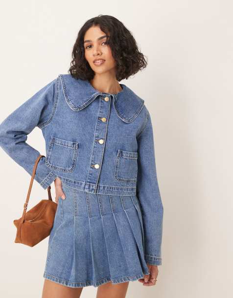 ASOS DESIGN - Giacca di jeans blu medio con colletto arrotondato in coordinato - view 1
