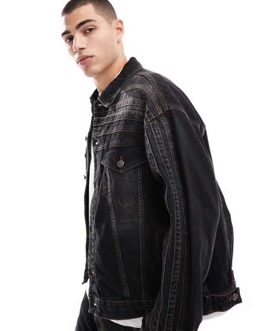 ASOS DESIGN - Giacca di jeans color nero slavato con cuciture a vista in coordinato
