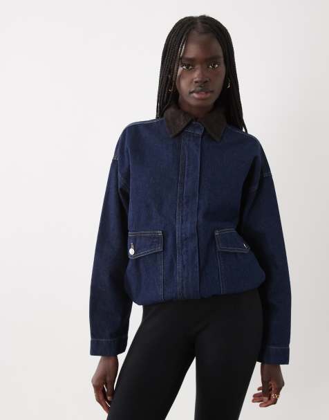 ASOS DESIGN giacca di jeans con chiusura con zip e collo a contrasto in blu medio scuro - view 1