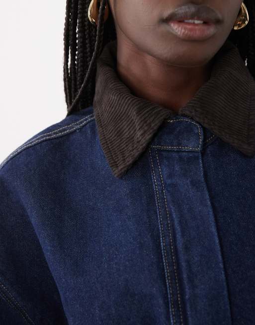 ASOS DESIGN giacca di jeans con chiusura con zip e collo a contrasto in blu medio scuro, 3 di 4