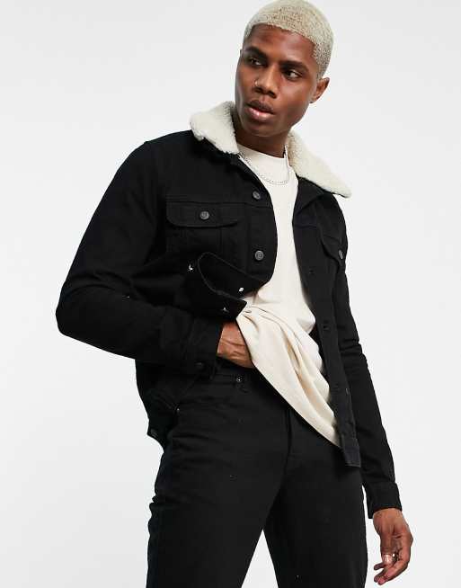 ASOS DESIGN - Giacca di jeans nera con colletto in pile borg rimovibile