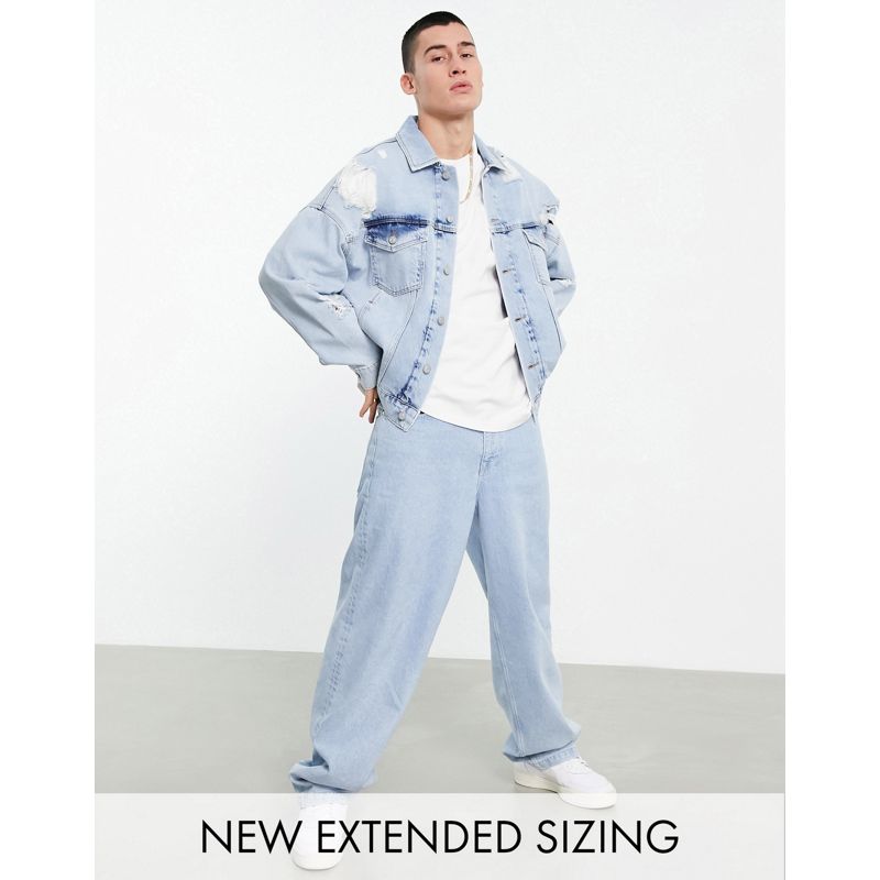 Giacche di jeans Giacche e cappotti DESIGN - Giacca di jeans oversize anni '90 blu lavaggio chiaro con strappi