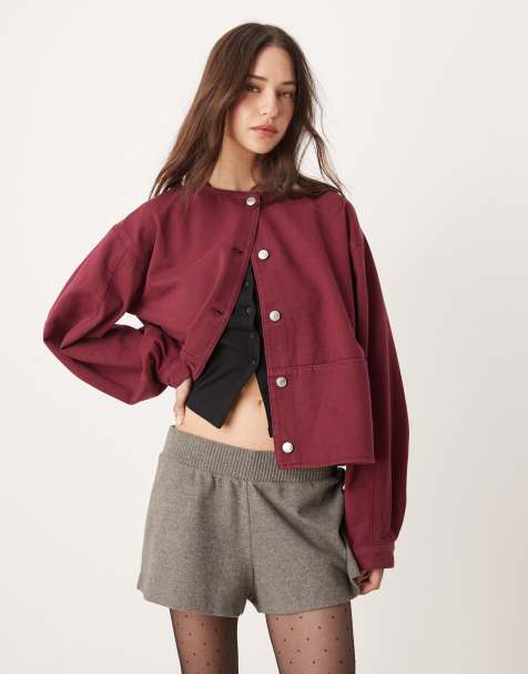 ASOS DESIGN - Giacca di jeans senza colletto bordeaux - view 1