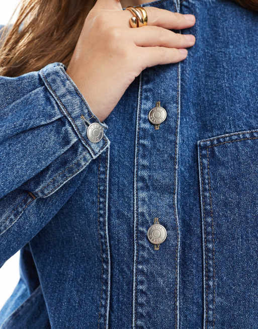 ASOS DESIGN - Giacca di jeans senza colletto lavaggio indaco con maniche a palloncino, 3 di 4