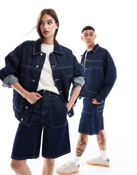 ASOS DESIGN - Giacca di jeans unisex oversize blu rinse wash con cuciture a contrasto - view 1