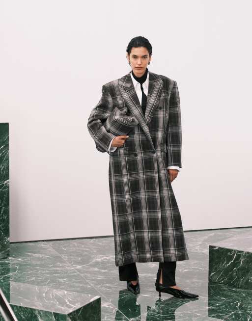 ASOS DESIGN - Giacca doppiopetto taglio lungo marrone e grigio a quadri