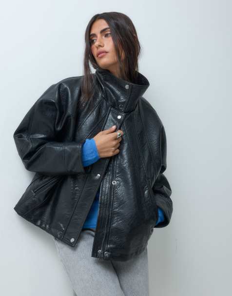 ASOS DESIGN giacca effetto pelle nera con maniche a pipistrello anni '80 - view 1