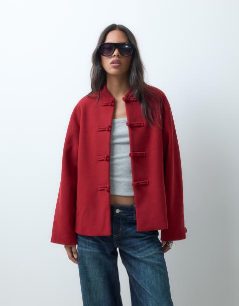 ASOS DESIGN giacca formale senza colletto con chiusure a alamari e finiture rosse - view 1