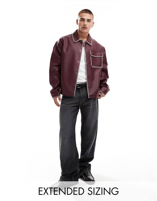 ASOS DESIGN - Giacca harrington bordeaux in pelle sintetica con cuciture a contrasto