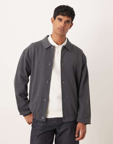 ASOS DESIGN - Giacca harrington comoda in jersey grigio scuro con bottoni - view 1
