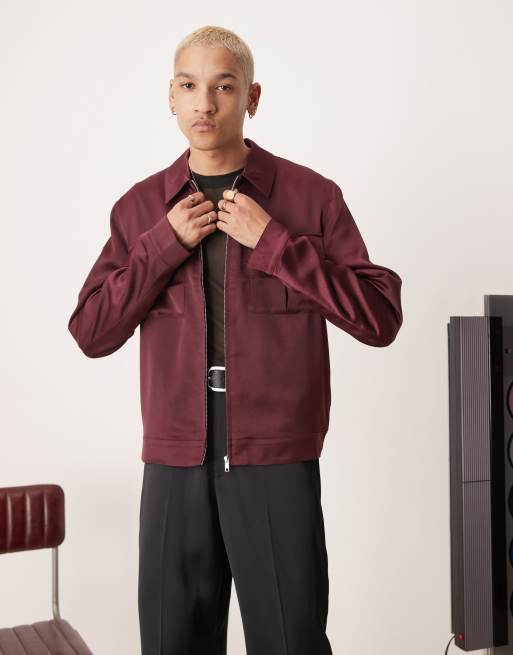 ASOS DESIGN - Giacca harrington corta in raso bordeaux