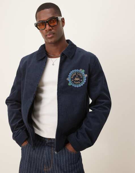 ASOS DESIGN - Giacca harrington corta in velluto blu navy con ricamo - view 1