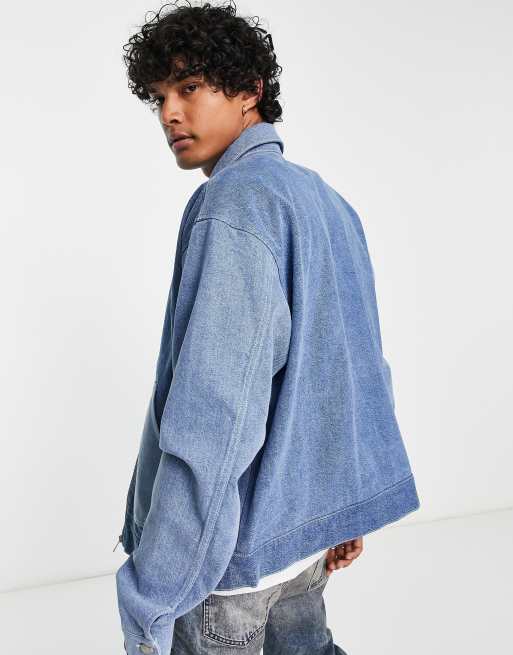ASOS DESIGN - Giacca harrington in denim blu con motivo patchwork, 3 di 4