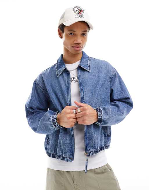 ASOS DESIGN - Giacca harrington in denim blu lavaggio medio taglio corto
