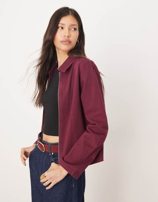 ASOS DESIGN - Giacca harrington in denim color prugna in coordinato