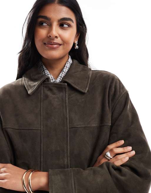 ASOS DESIGN - Giacca harrington in pelle oliva scuro, 3 di 4