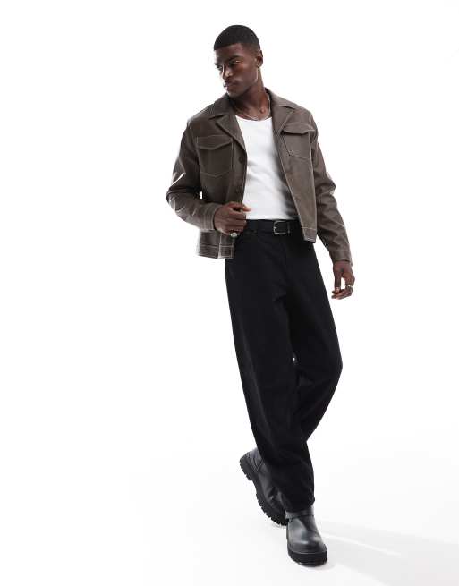 ASOS DESIGN - Giacca harrington in pelle sintetica marrone con cuciture a contrasto, 2 di 4