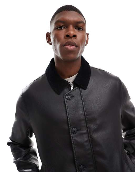 ASOS DESIGN - Giacca harrington in pelle sintetica nera con colletto in velluto a coste