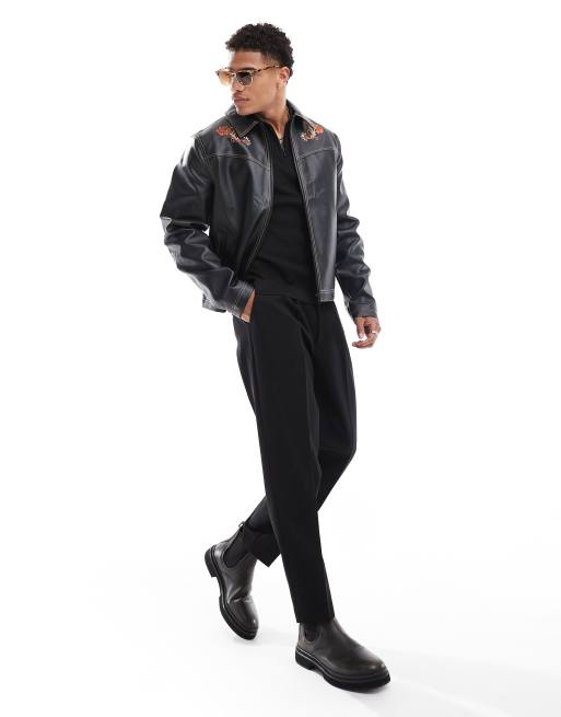 ASOS DESIGN - Giacca harrington in pelle sintetica nera con ricamo a fiori, 4 di 4