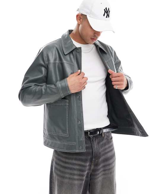 ASOS DESIGN - Giacca harrington in pelle sintetica verde con cuciture a contrasto