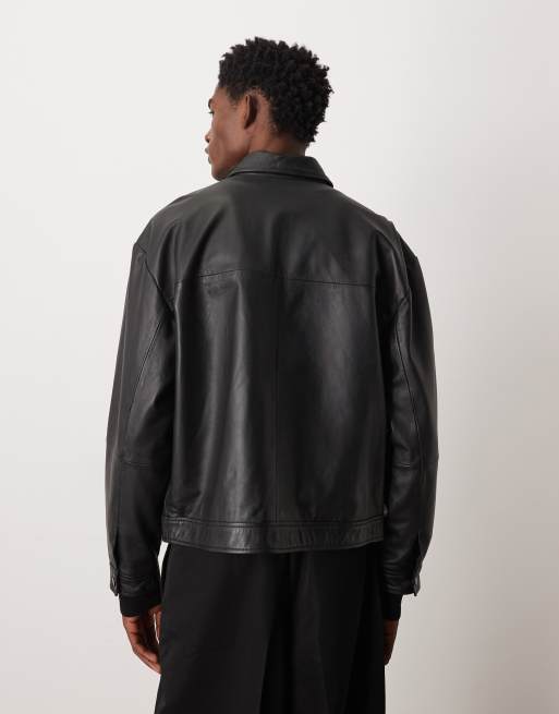 ASOS DESIGN - Giacca harrington in vera pelle nera, 3 di 5