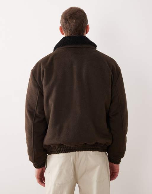 ASOS DESIGN - Giacca harrington marrone effetto lana con colletto in pile borg, 3 di 5