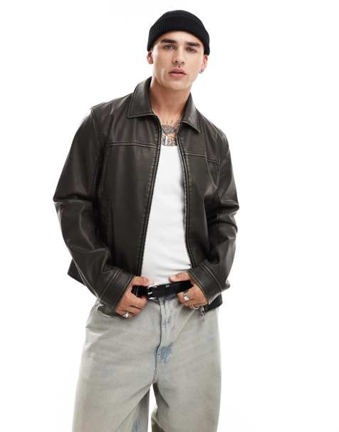 ASOS DESIGN - Giacca harrington marrone in pelle sintetica con cuciture a vista - view 1