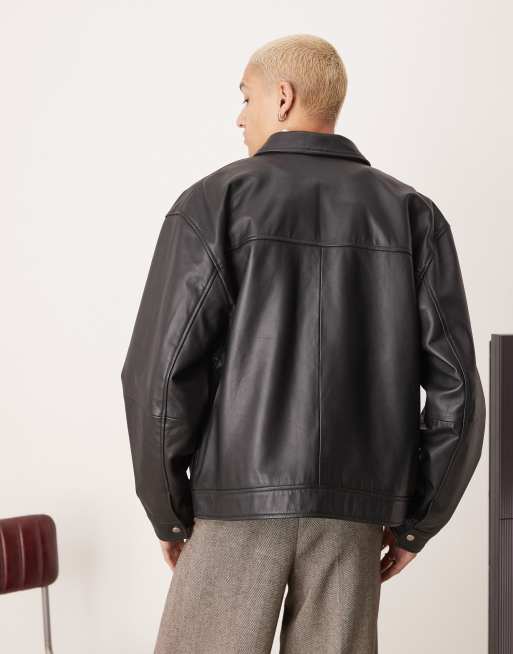 ASOS DESIGN - Giacca harrington nera premium oversize in vera pelle, 3 di 4