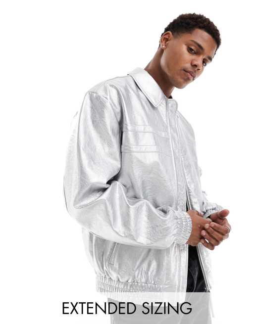 ASOS DESIGN - Giacca harrington oversize argento in pelle sintetica