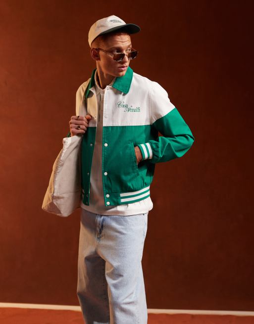 ASOS DESIGN - Giacca harrington oversize bianca e verde con cuciture ricamate