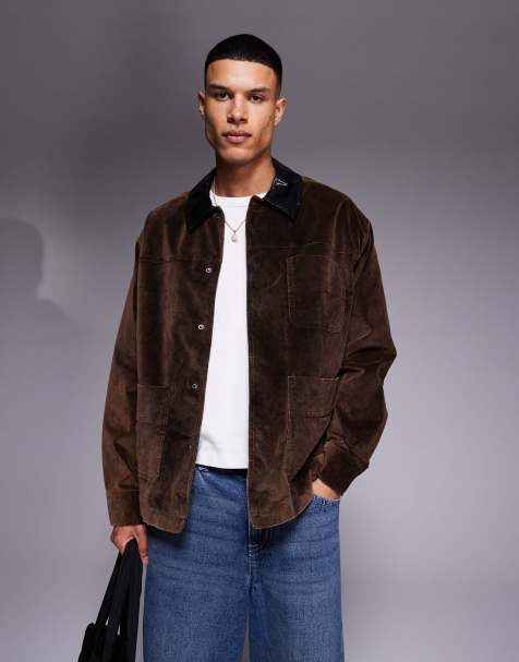 ASOS DESIGN - Giacca harrington oversize effetto velluto marrone con colletto a contrasto - view 1