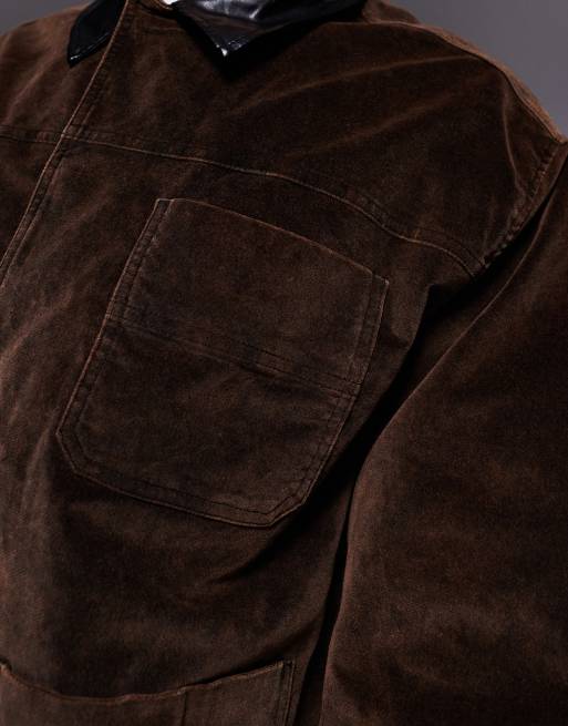 ASOS DESIGN - Giacca harrington oversize effetto velluto marrone con colletto a contrasto, 4 di 4