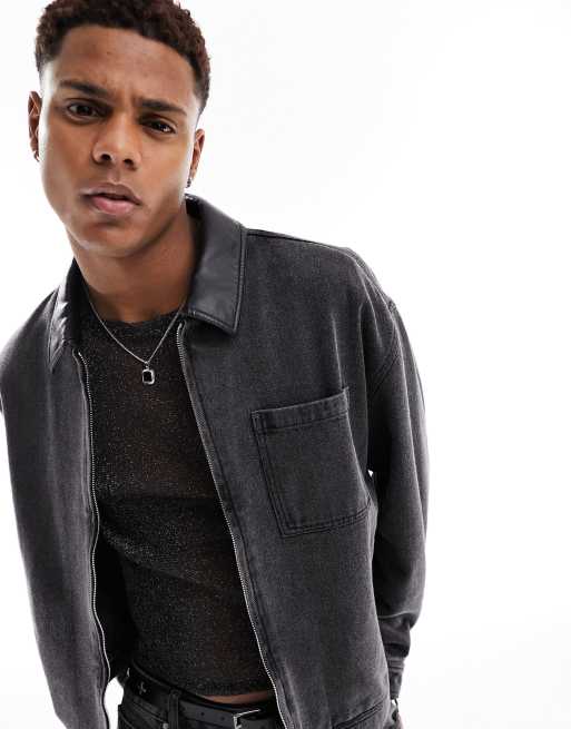 ASOS DESIGN - Giacca harrington oversize in denim nero slavato con colletto in similpelle PU