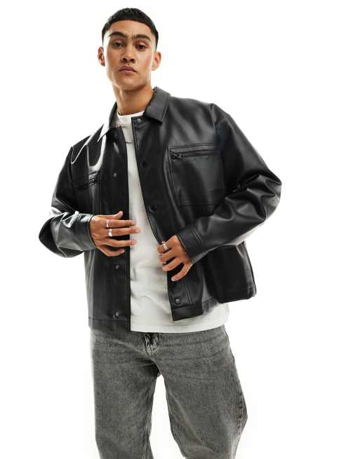 ASOS DESIGN - Giacca harrington oversize in pelle sintetica nera con zip
