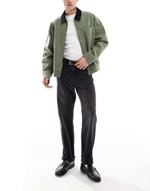 ASOS DESIGN - Giacca harrington oversize kaki slavato con colletto in velluto a coste, 3 di 4