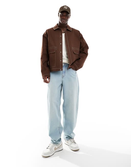 ASOS DESIGN - Giacca harrington oversize marrone con cuciture a contrasto