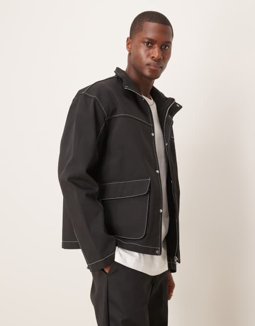 ASOS DESIGN - Giacca harrington oversize nera con cuciture a contrasto