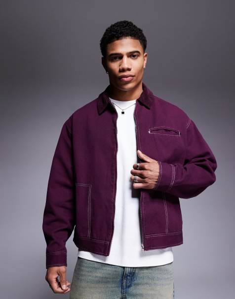 ASOS DESIGN - Giacca harrington oversize squadrata bordeaux con colletto in tessuto a coste e cuciture a contrasto - view 1