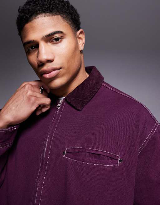 ASOS DESIGN - Giacca harrington oversize squadrata bordeaux con colletto in tessuto a coste e cuciture a contrasto, 4 di 4
