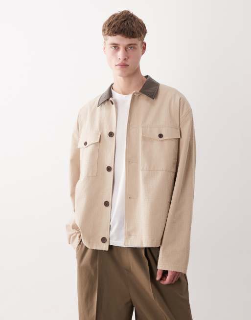 ASOS DESIGN - Giacca harrington oversize testurizzata in cotone color pietra con colletto in pelle sintetica, 1 di 5