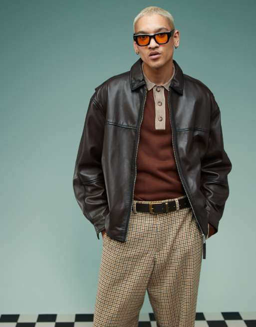 ASOS DESIGN - Giacca harrington premium oversize in vera pelle marrone, 2 di 4