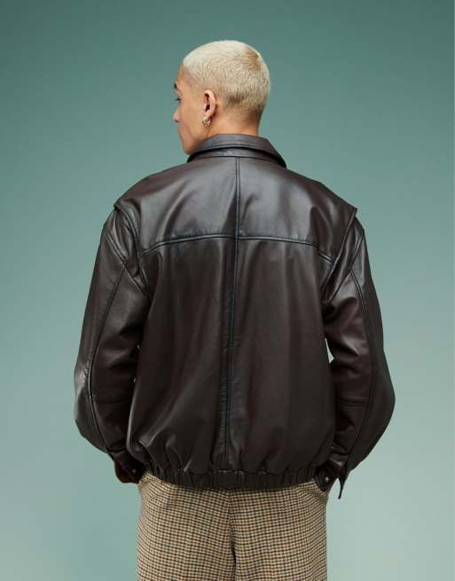 ASOS DESIGN - Giacca harrington premium oversize in vera pelle marrone, 3 di 4