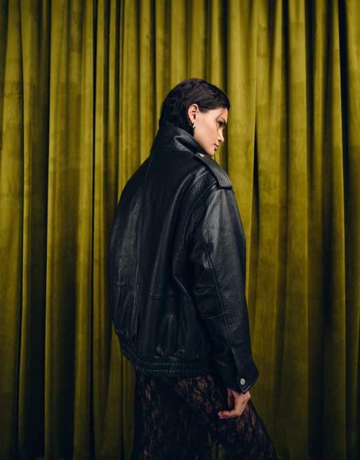 ASOS DESIGN - Giacca harrington stile bomber in vera pelle nera con fodera trapuntata, 4 di 4