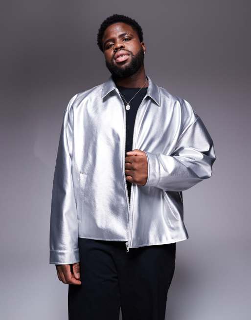 ASOS DESIGN - Giacca harrington taglio corto in pelle sintetica argento metallizzato, 2 di 4
