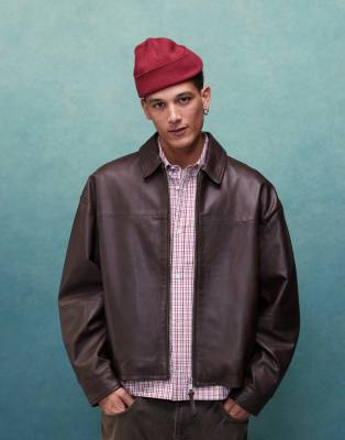 ASOS DESIGN - Giacca harrington taglio corto marrone oversize in vera pelle