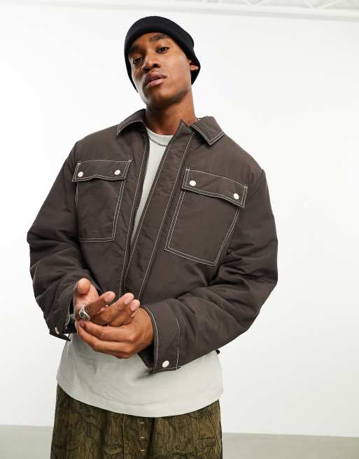 ASOS DESIGN - Giacca harrington taglio corto oversize marrone con cuciture a contrasto