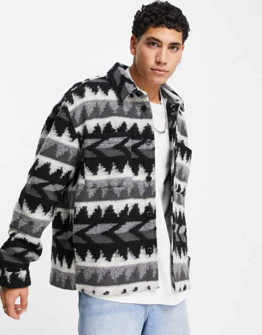ASOS DESIGN - Giacca harrington taglio lungo in misto lana con stampa azteca